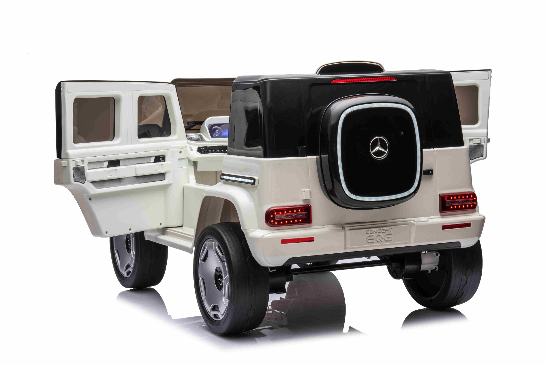 Mașinuță electrică de jucărie Mercedes-Benz EQG 12V, alb, componente ale caroseriei iluminate cu LED, lumini față și spate funcționale, telecomandă 2,4 GHz, intrare USB/Aux, baterie litiu, motor 2 x 35W, licență ORIGINALĂ - imagine 16