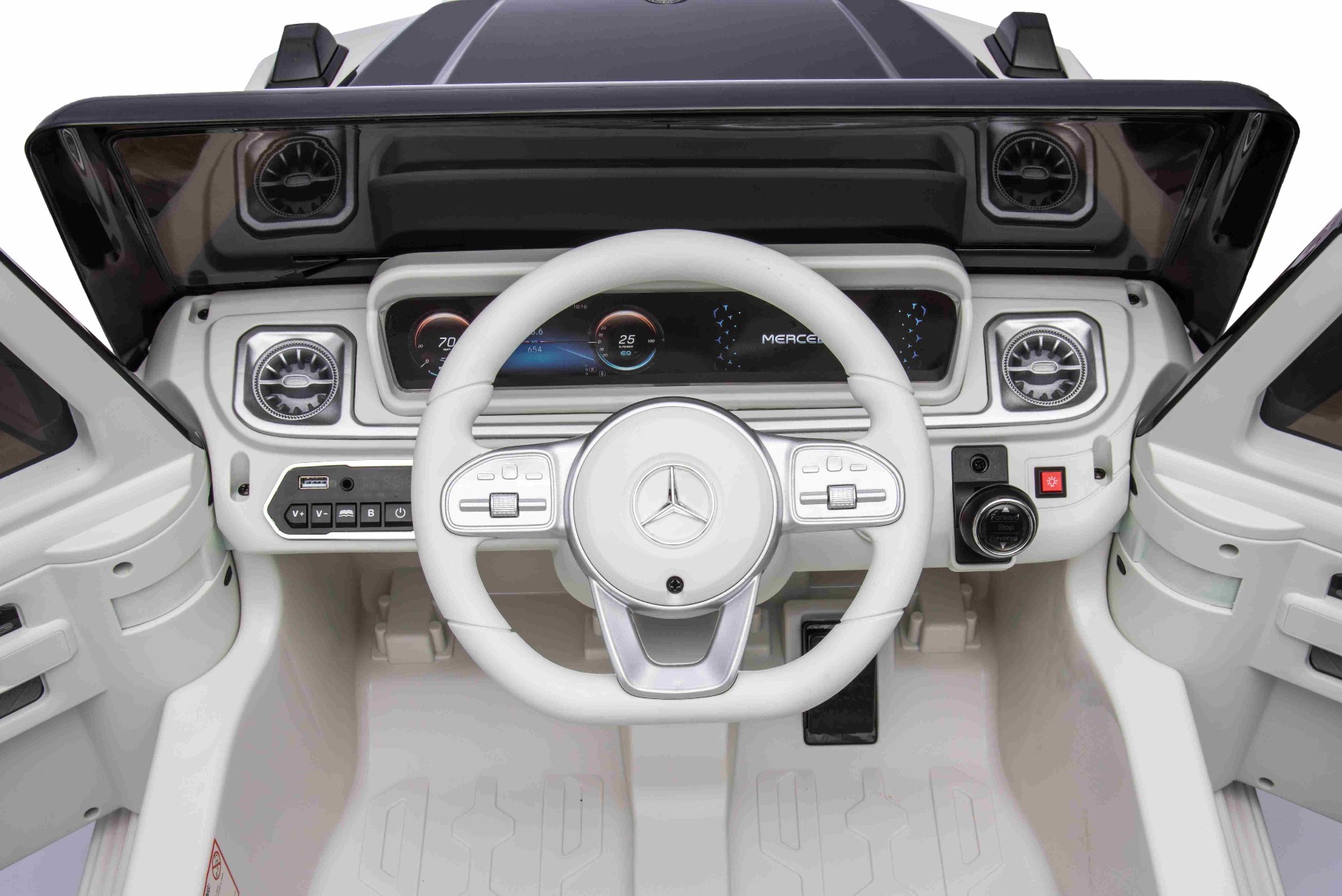 Mașinuță electrică de jucărie Mercedes-Benz EQG 12V, alb, componente ale caroseriei iluminate cu LED, lumini față și spate funcționale, telecomandă 2,4 GHz, intrare USB/Aux, baterie litiu, motor 2 x 35W, licență ORIGINALĂ - imagine 37
