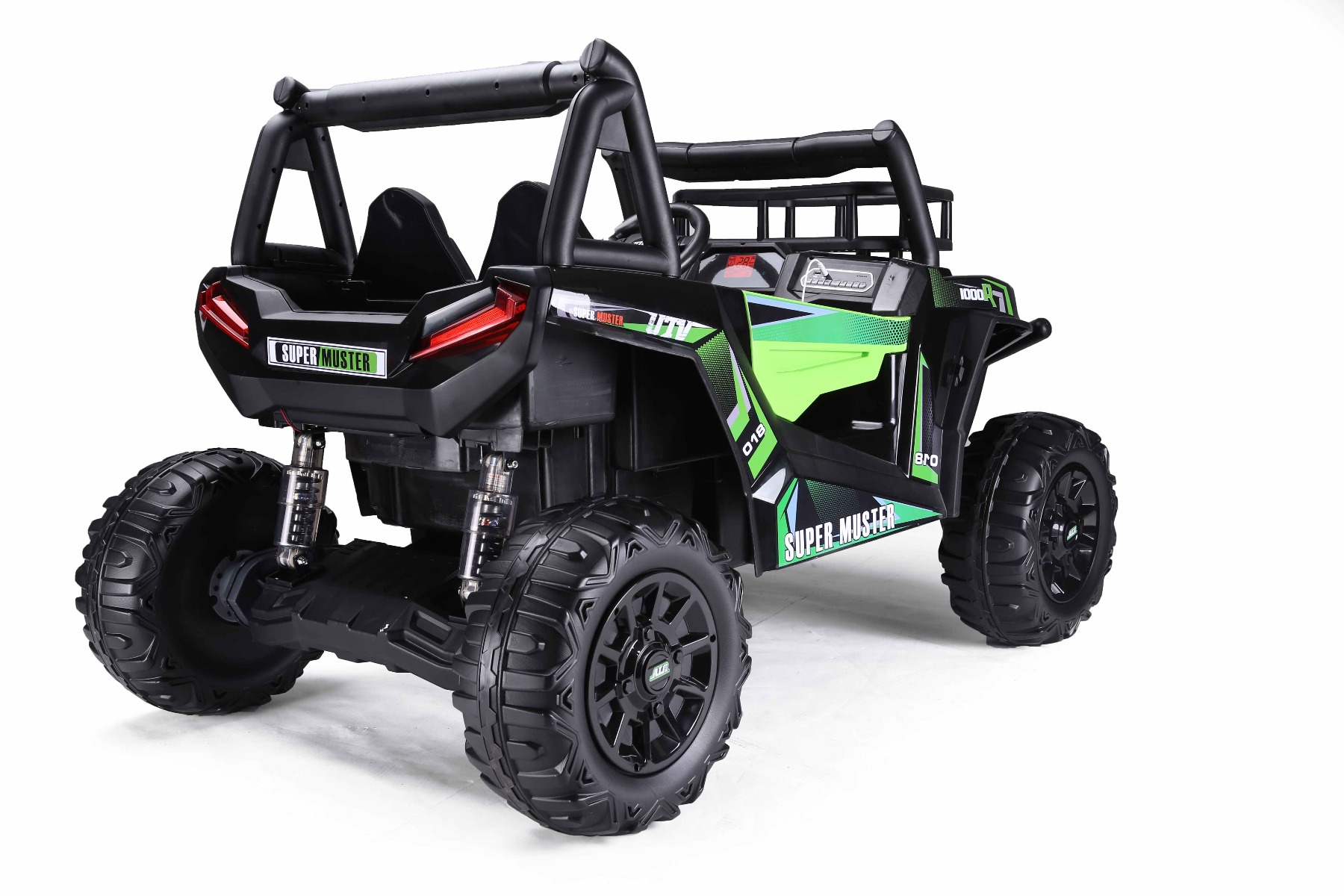 Mașină electrică pentru copii UTV 24V, verde, două locuri, motor 2 x 200 W, Baterie litiu, roți EVA, osii cu arcuri, frână electrică, scaun tapițat, 2.4 GHz DO, două locuri, USB, AUX - imagine 2