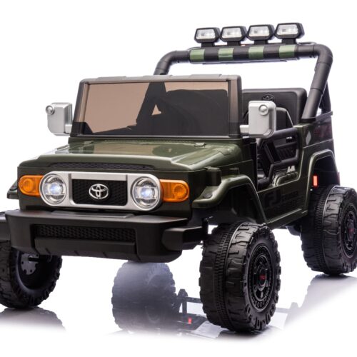 Mașinuță electrică de jucărie Toyota FJ Cruiser XXL cu tracțiune 4×4, autorizată (cu două locuri), verde, baterie litiu portabilă, șasiu înalt, două locuri, punte spate cu suspensie, telecomandă 2,4 GHz, player MP3 cu Bluetooth, lumini LED