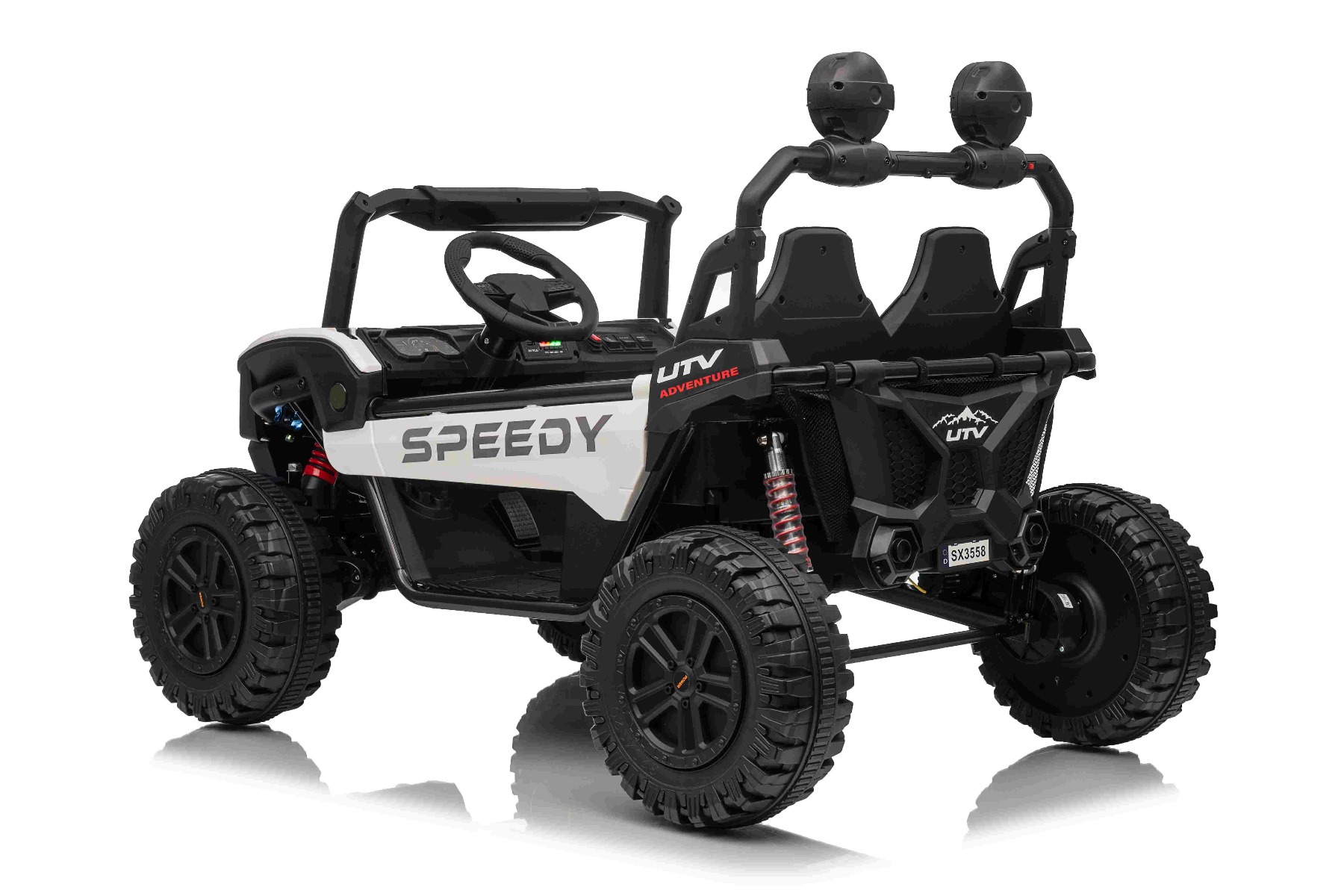Maşinuţa electrica copii T-REX Ride 4x4 cu două locuri 24V, alb, player MP3 cu intrare USB/AUX, acționare 4x4, baterie litiu, suspensie, telecomandă, lumini LED - imagine 6
