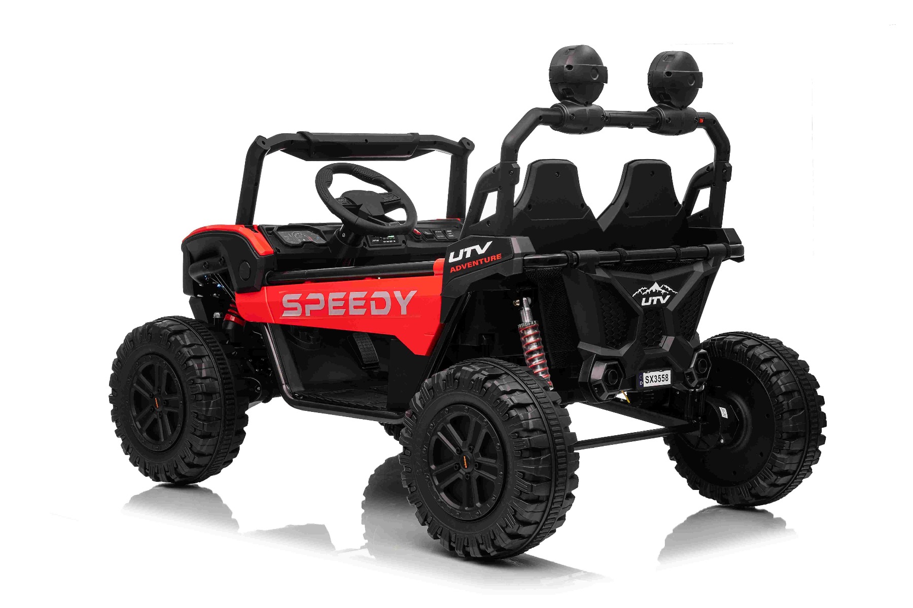 Maşinuţa electrica copii T-REX Ride 4x4 cu două locuri 24V, roșu, player MP3 cu intrare USB/AUX, acționare 4x4, baterie litiu, suspensie, telecomandă, lumini LED - imagine 4