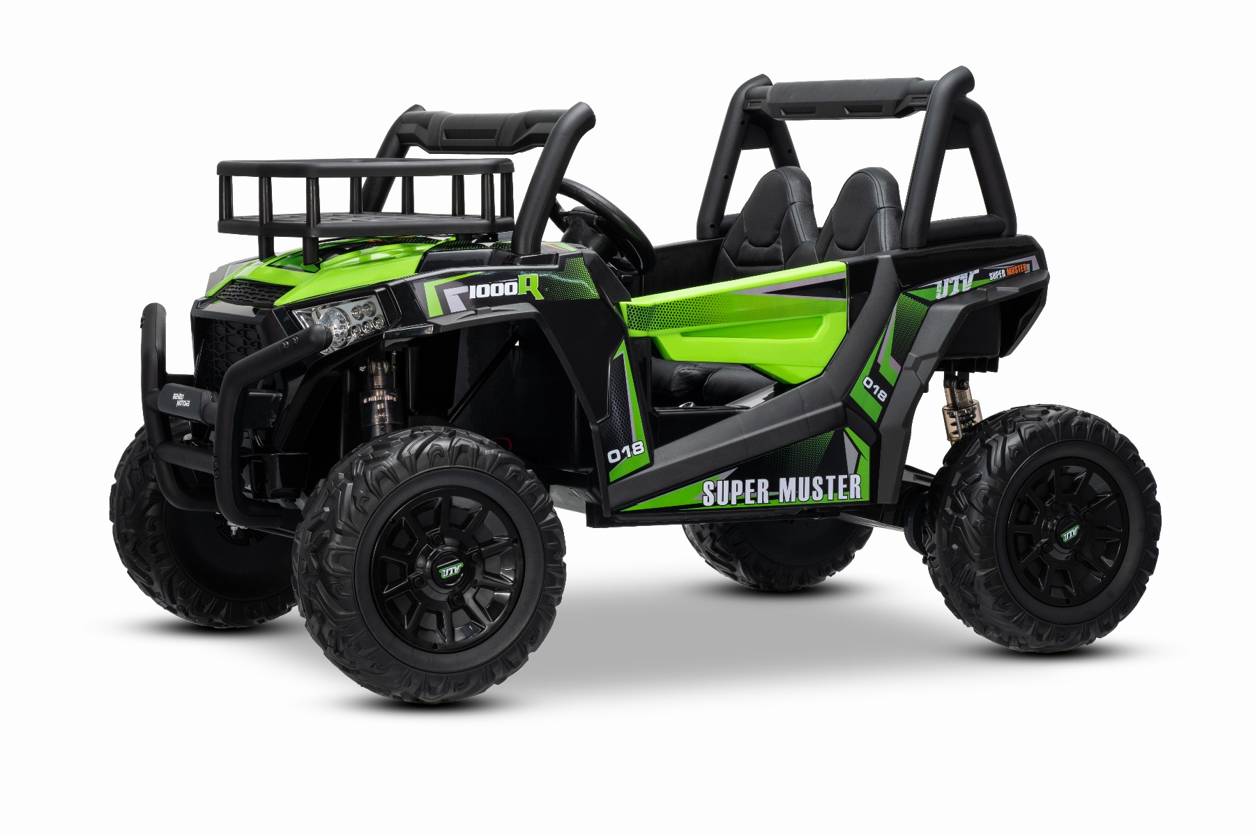 Mașină electrică pentru copii UTV 24V, verde, două locuri, motor 2 x 200 W, Baterie litiu, roți EVA, osii cu arcuri, frână electrică, scaun tapițat, 2.4 GHz DO, două locuri, USB, AUX