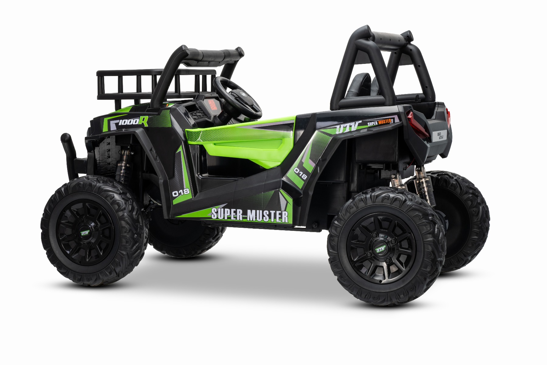 Mașină electrică pentru copii UTV 24V, verde, două locuri, motor 2 x 200 W, Baterie litiu, roți EVA, osii cu arcuri, frână electrică, scaun tapițat, 2.4 GHz DO, două locuri, USB, AUX - imagine 20