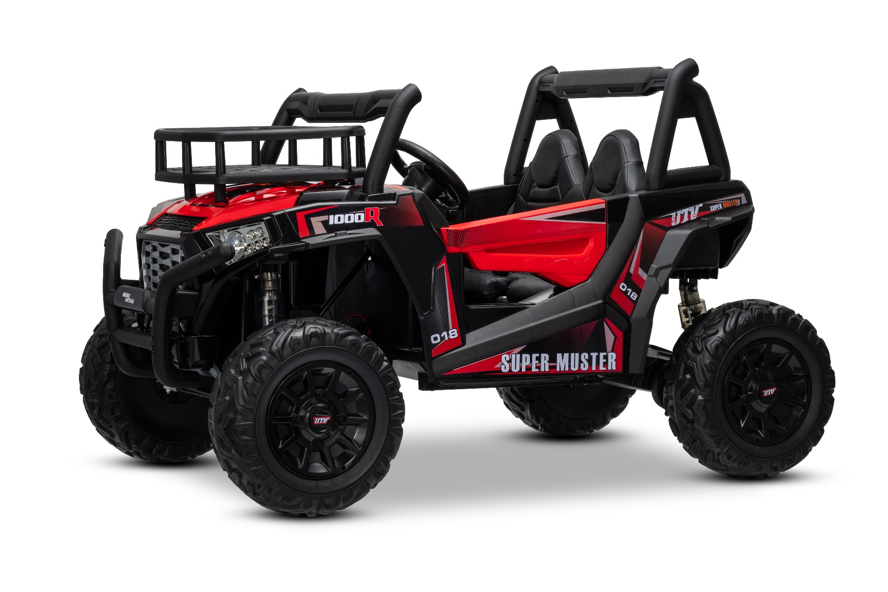 Mașină electrică pentru copii UTV 24V, roșie, două locuri, motor 2 x 200 W, Baterie litiu, roți EVA, osii cu arcuri, frână electrică, scaun tapițat, 2.4 GHz DO, două locuri, USB, AUX