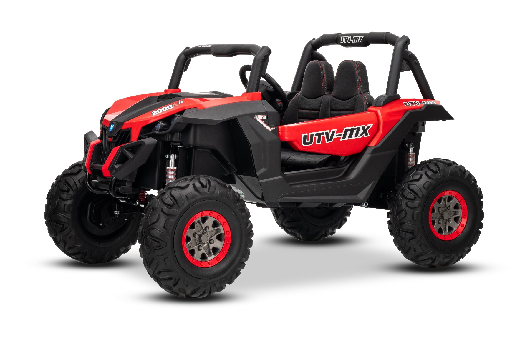 Mașinuță electrică de jucărie NEW RSX 24V, roșu, tracțiune 4x4, baterie litiu, roți EVA, suspensii, scaun din piele artificială cu două locuri, telecomandă, player MP3 cu intrare USB/AUX