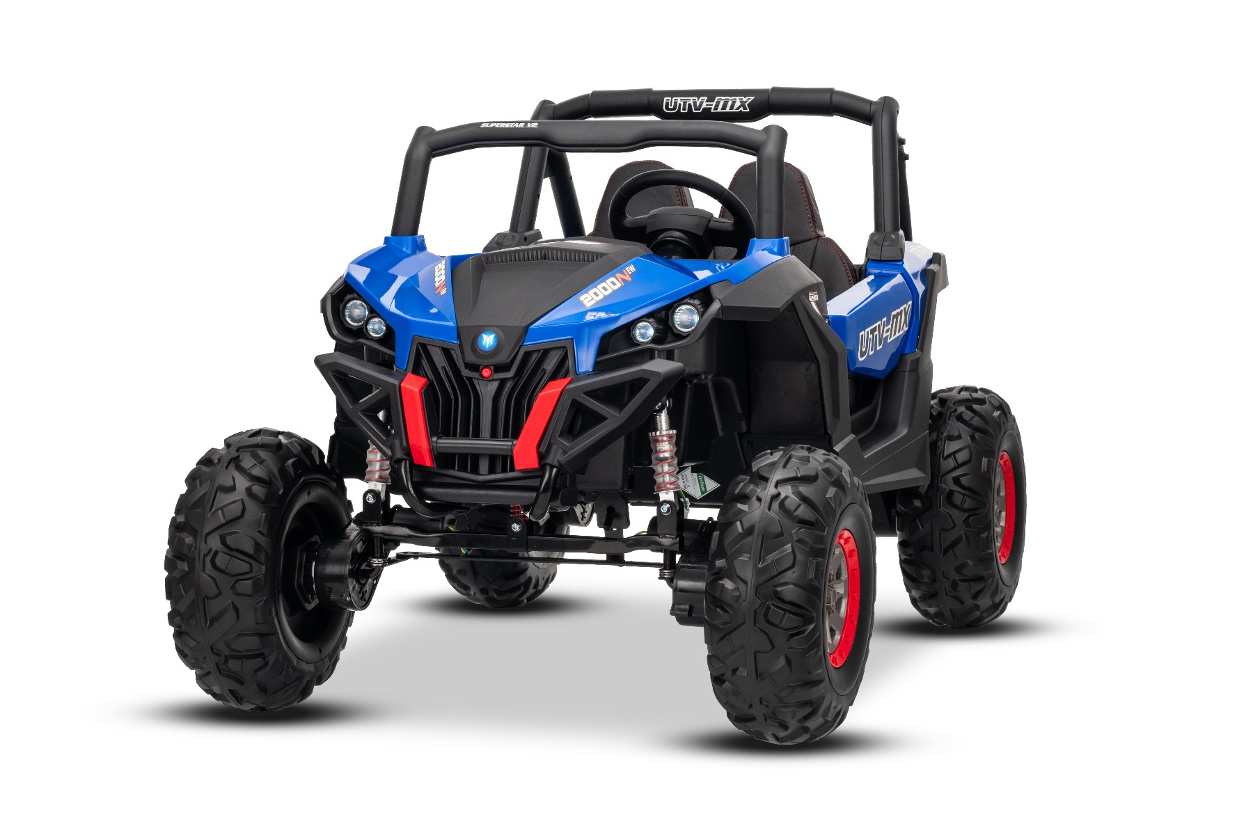Mașinuță electrică de jucărie NEW RSX 24V, albastru, tracțiune 4x4, baterie litiu, roți EVA, suspensii, scaun din piele artificială cu două locuri, telecomandă, player MP3 cu intrare USB/AUX