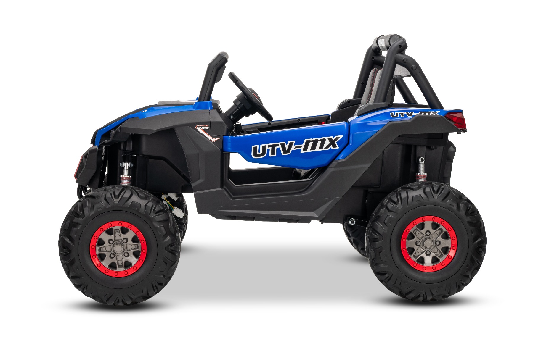 Mașinuță electrică de jucărie NEW RSX 24V, albastru, tracțiune 4x4, baterie litiu, roți EVA, suspensii, scaun din piele artificială cu două locuri, telecomandă, player MP3 cu intrare USB/AUX - imagine 6