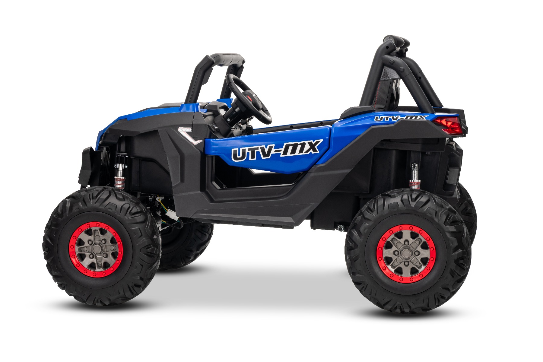 Mașinuță electrică de jucărie NEW RSX 24V, albastru, tracțiune 4x4, baterie litiu, roți EVA, suspensii, scaun din piele artificială cu două locuri, telecomandă, player MP3 cu intrare USB/AUX - imagine 7