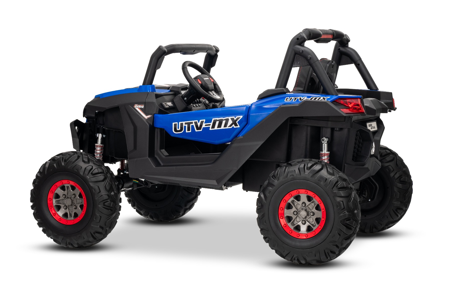 Mașinuță electrică de jucărie NEW RSX 24V, albastru, tracțiune 4x4, baterie litiu, roți EVA, suspensii, scaun din piele artificială cu două locuri, telecomandă, player MP3 cu intrare USB/AUX - imagine 8
