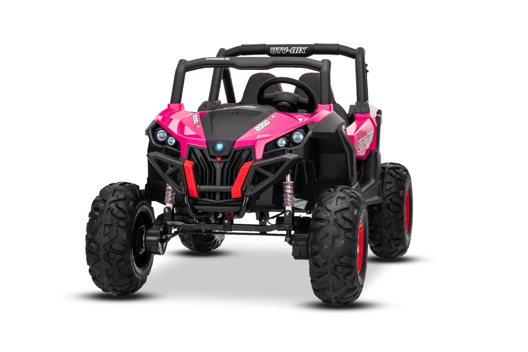 Mașinuță electrică de jucărie NEW RSX 24V, roz, tracțiune 4x4, baterie litiu, roți EVA, suspensii, scaun din piele artificială cu două locuri, telecomandă, player MP3 cu intrare USB/AUX