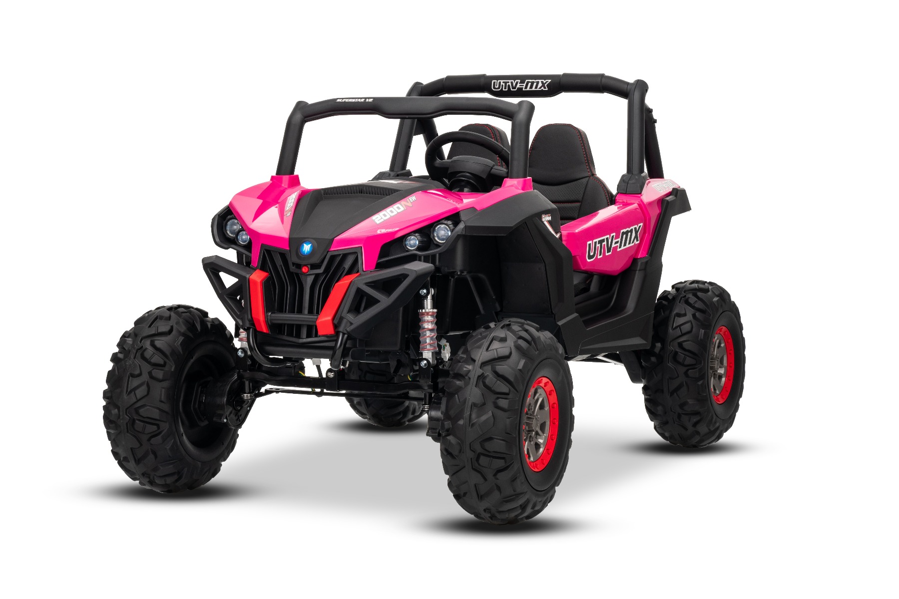 Mașinuță electrică de jucărie NEW RSX 24V, roz, tracțiune 4x4, baterie litiu, roți EVA, suspensii, scaun din piele artificială cu două locuri, telecomandă, player MP3 cu intrare USB/AUX - imagine 2