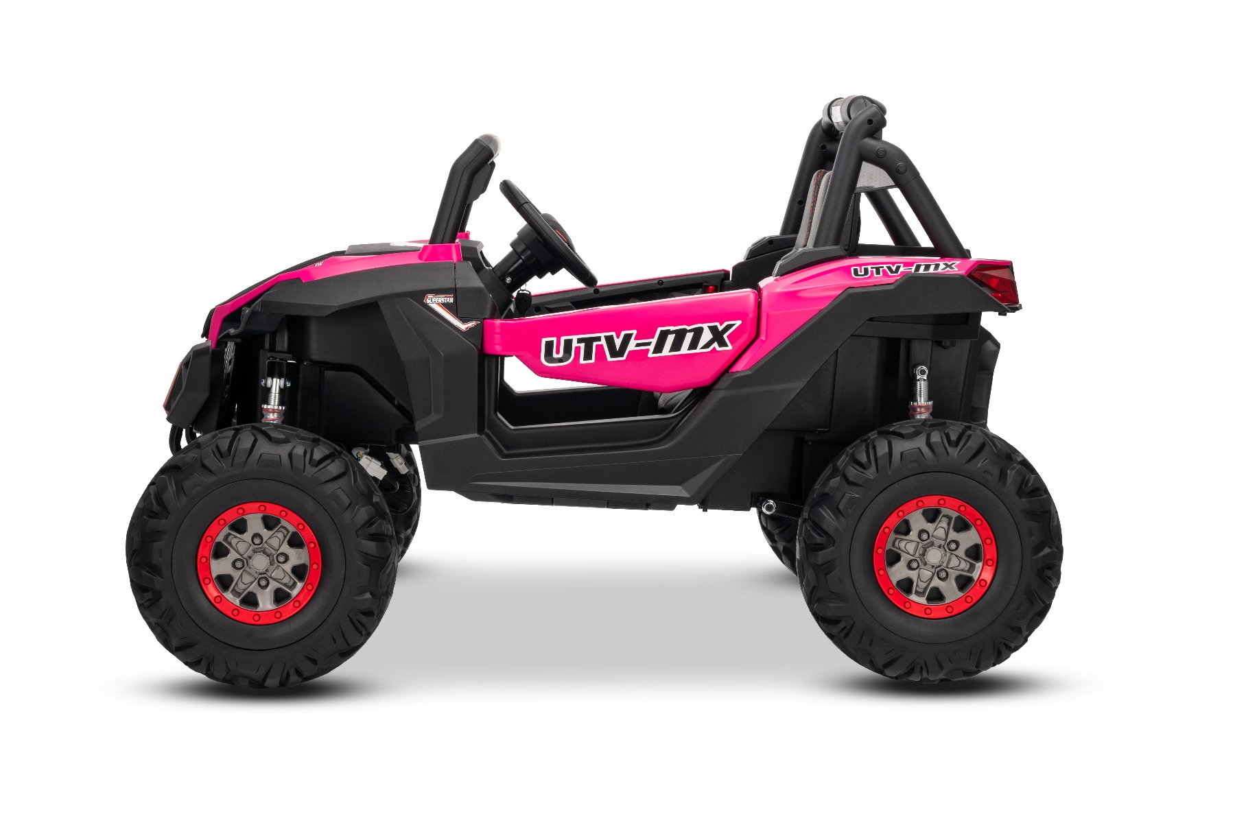 Mașinuță electrică de jucărie NEW RSX 24V, roz, tracțiune 4x4, baterie litiu, roți EVA, suspensii, scaun din piele artificială cu două locuri, telecomandă, player MP3 cu intrare USB/AUX - imagine 6
