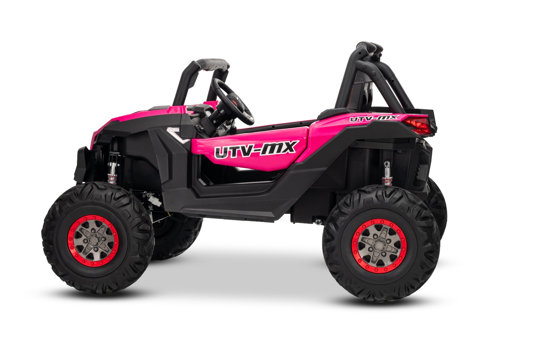Mașinuță electrică de jucărie NEW RSX 24V, roz, tracțiune 4x4, baterie litiu, roți EVA, suspensii, scaun din piele artificială cu două locuri, telecomandă, player MP3 cu intrare USB/AUX - imagine 7