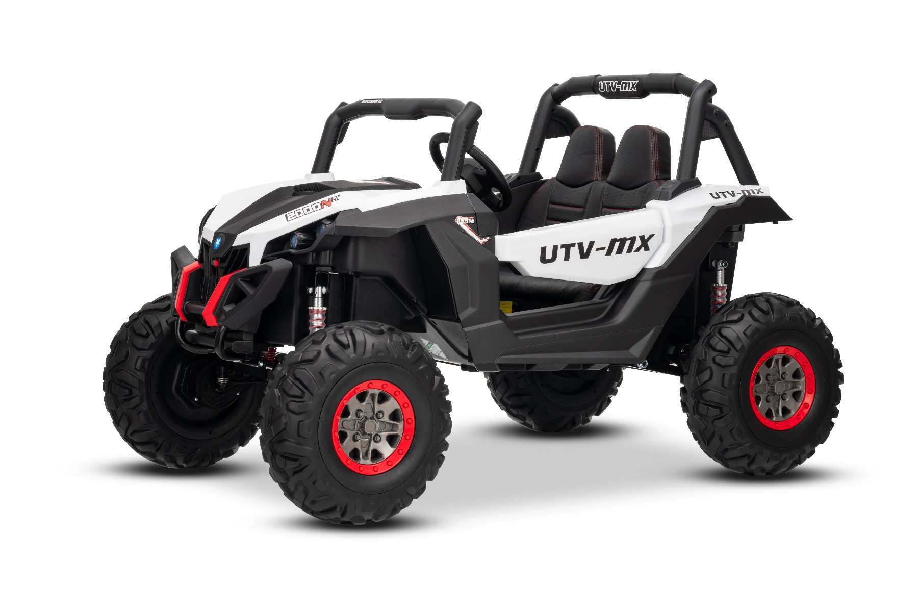 Mașinuță electrică de jucărie NEW RSX 24V, alb, tracțiune 4x4, baterie litiu, roți EVA, suspensii, scaun din piele artificială cu două locuri, telecomandă, player MP3 cu intrare USB/AUX