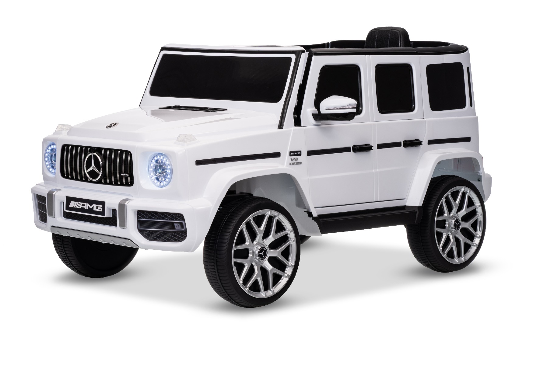 Mașinuță electrică Mercedes G63 12V, alb, scaun individual, suspensii față/spate, baterie litiu, telecomandă 2.4 GHz, 2XMOTOR, USB, Bluetooth, licență ORIGINALĂ