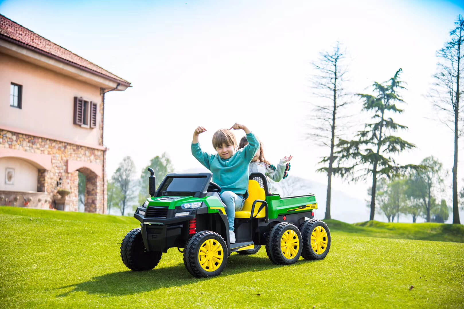 Masinuta electrica "Tractor tip ferma" 4x4 cu remorca, doua scaune ( A730) Albastru - imagine 4